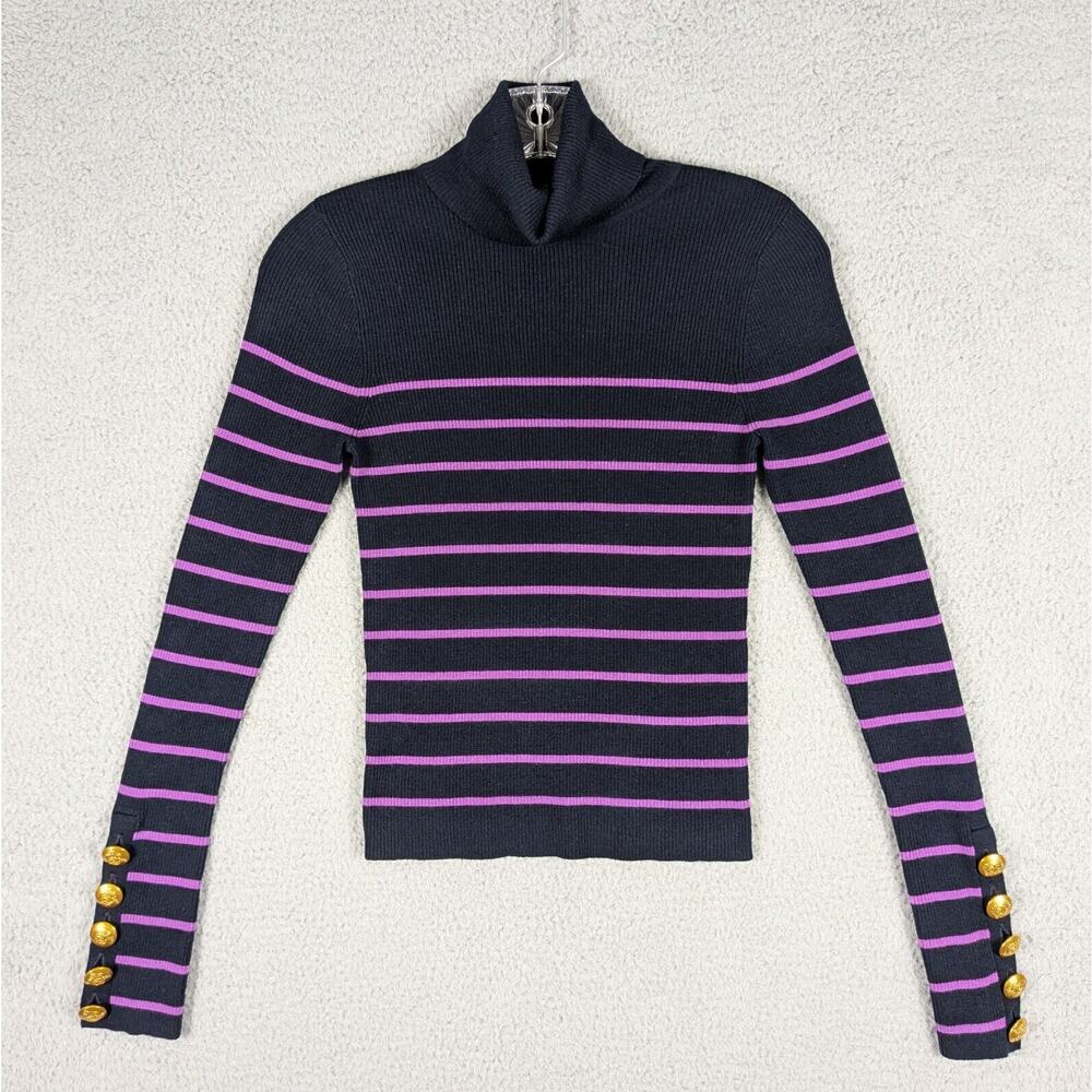 ALC Top Womens Small Black Purple Wool Desi Striped Turtleneck Long Sleeve